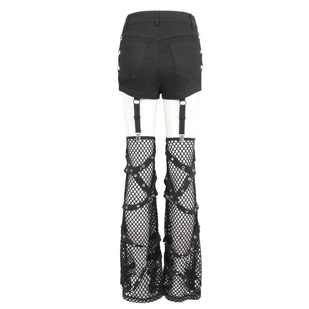 Black rave booty shorts with mesh garters and studded detail, showcasing a cheeky cut and edgy style.