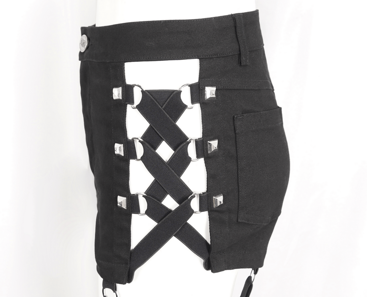 Black Rave Booty Shorts with Mesh Garters And Studded Detail