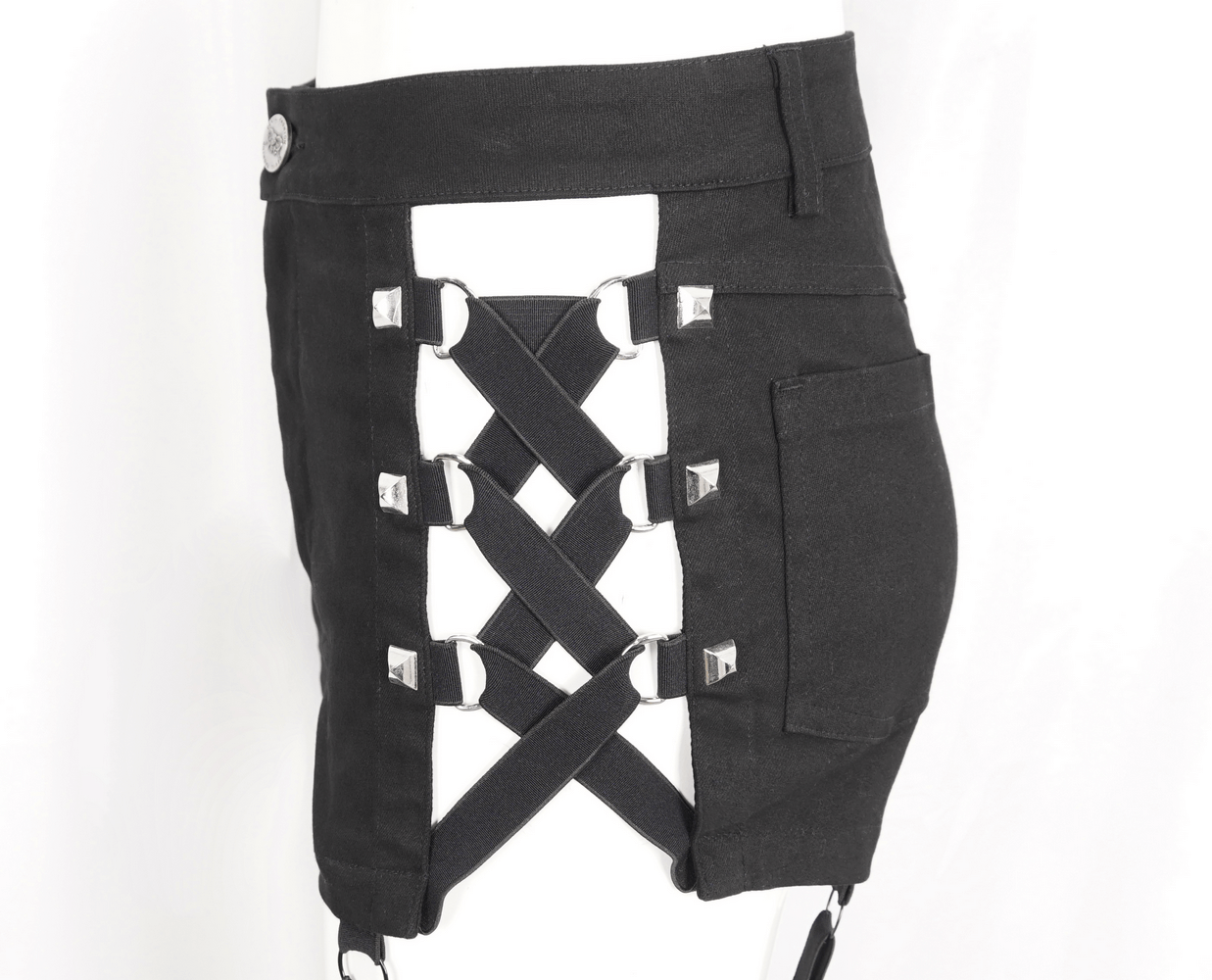 Black mesh garter shorts featuring edgy studded details and adjustable garters, perfect for rave outfits.