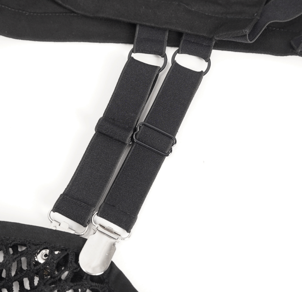 Close-up of adjustable black garter straps with clips, perfect for stylish rave booty shorts.