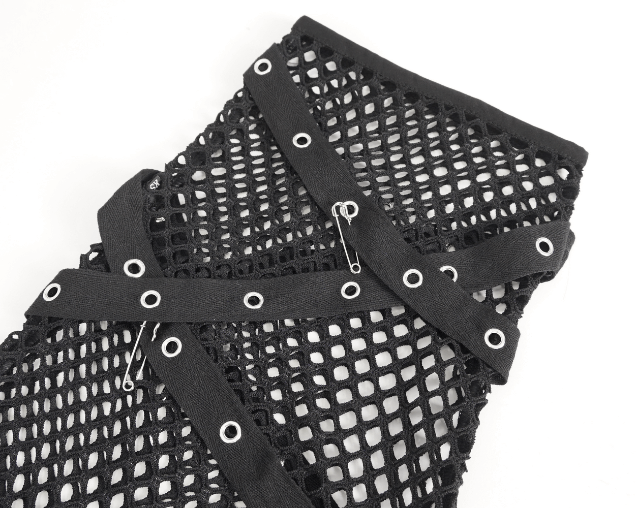 Detailed view of black mesh garter shorts with studded detail and adjustable straps for a rockstar rave look.
