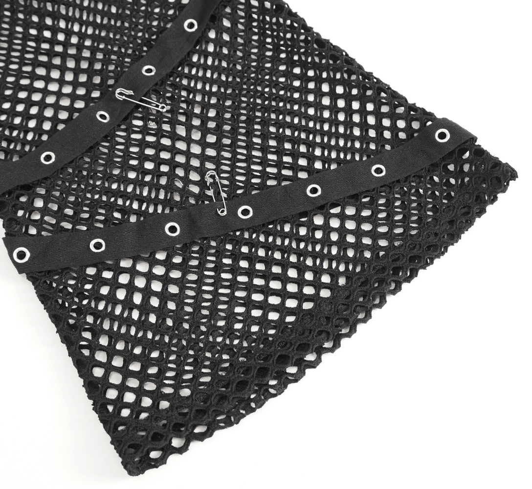 Black mesh garter shorts with eyelets and safety pins, perfect for a bold rave outfit.