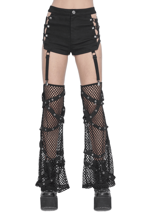 Schwarze Rave-Booty-Shorts mit Netzstrumpfbändern und Nietendetails