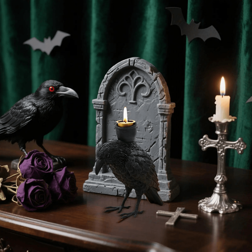 Black Raven Candle Holder for Gothic Table Decor