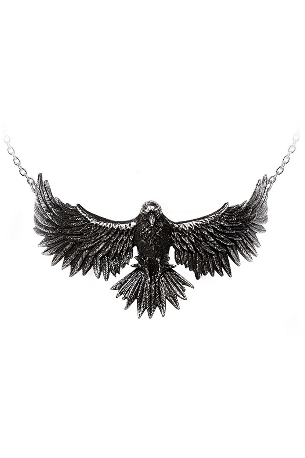 Black raven choker necklace with intricate wings, perfect for gothic and mythical fashion statements.
