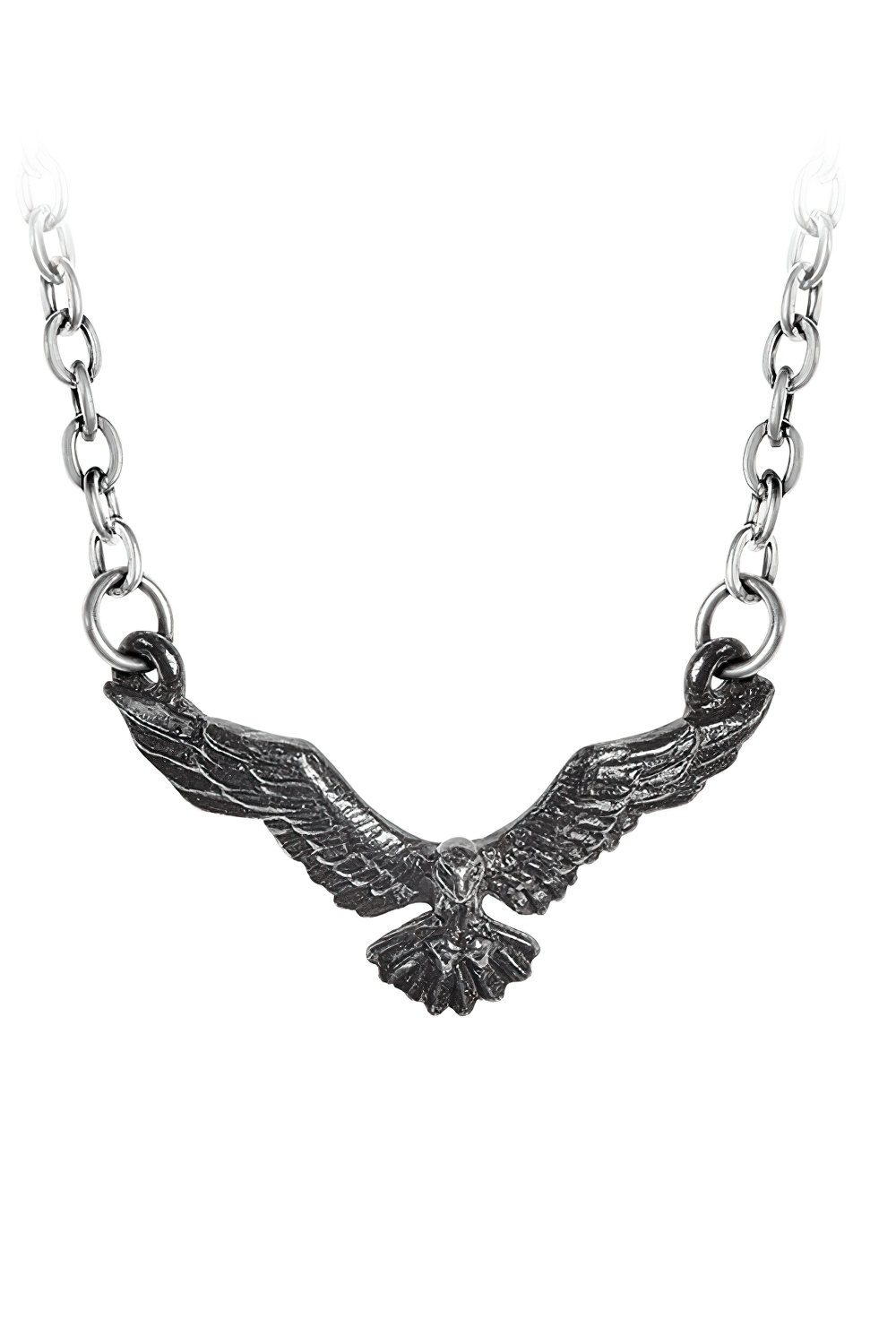Black raven wing pendant necklace with a fine split chain, perfect for gothic and alternative fashion.