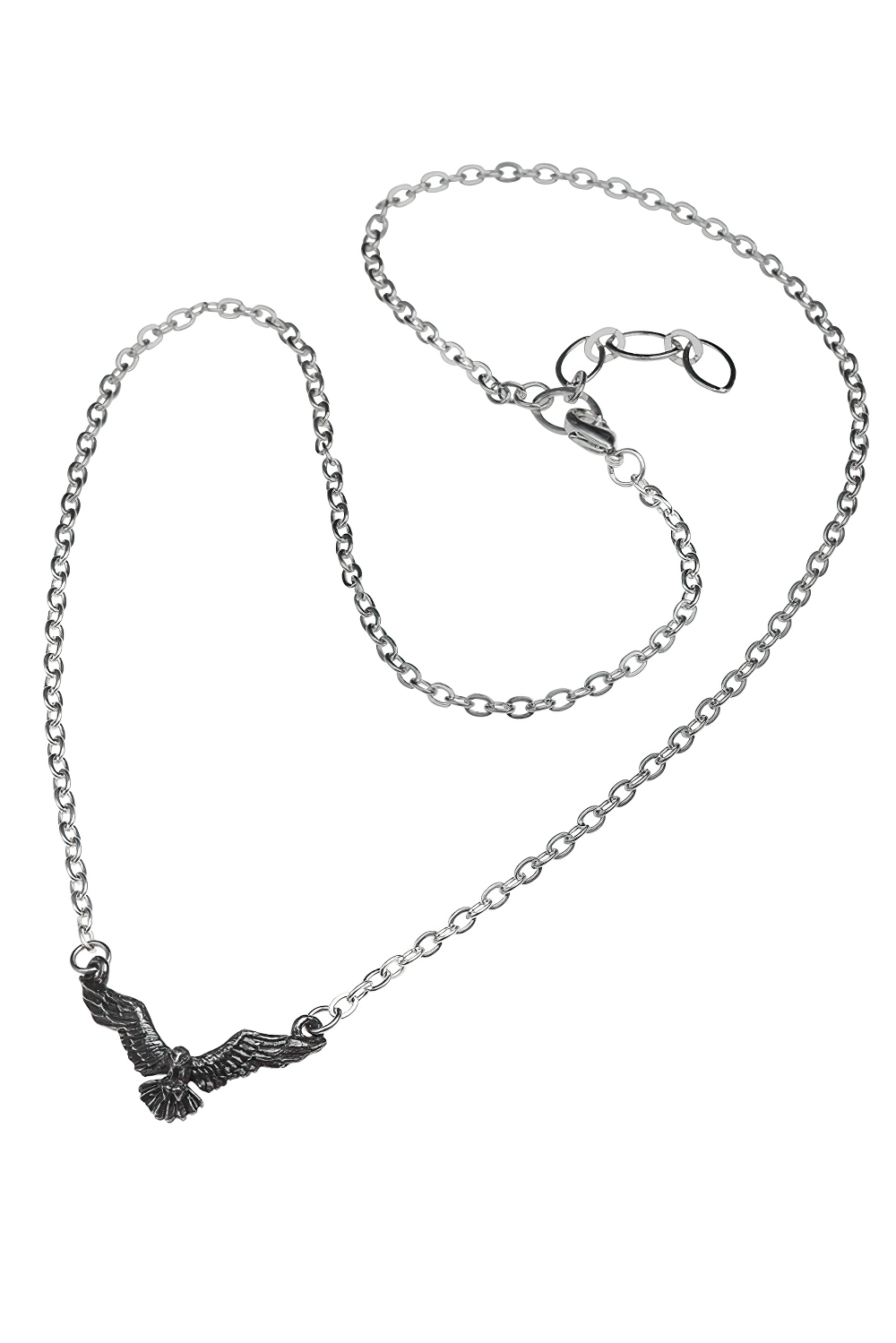 Black raven wing pendant necklace on fine silver chain, perfect for gothic and alternative fashion styles.