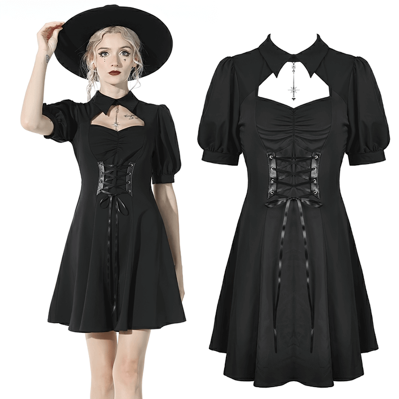 Black Rebel Goth Lace-Up Dress With Metal Star Accents