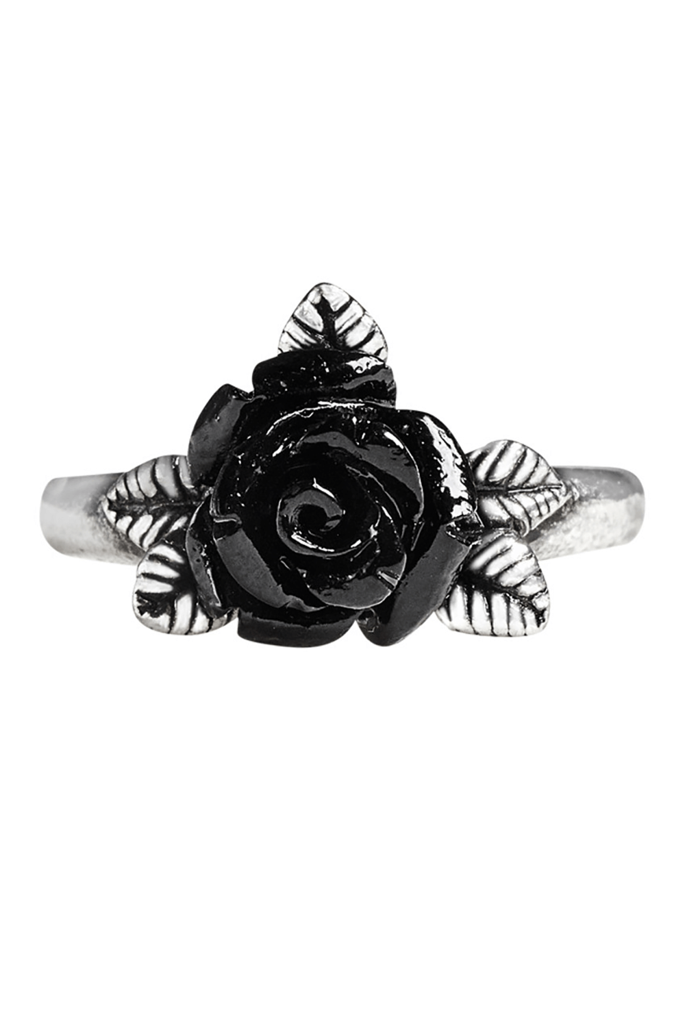 Black resin rose gothic ring with pewter leaves, perfect for adding a dark touch to any ensemble.