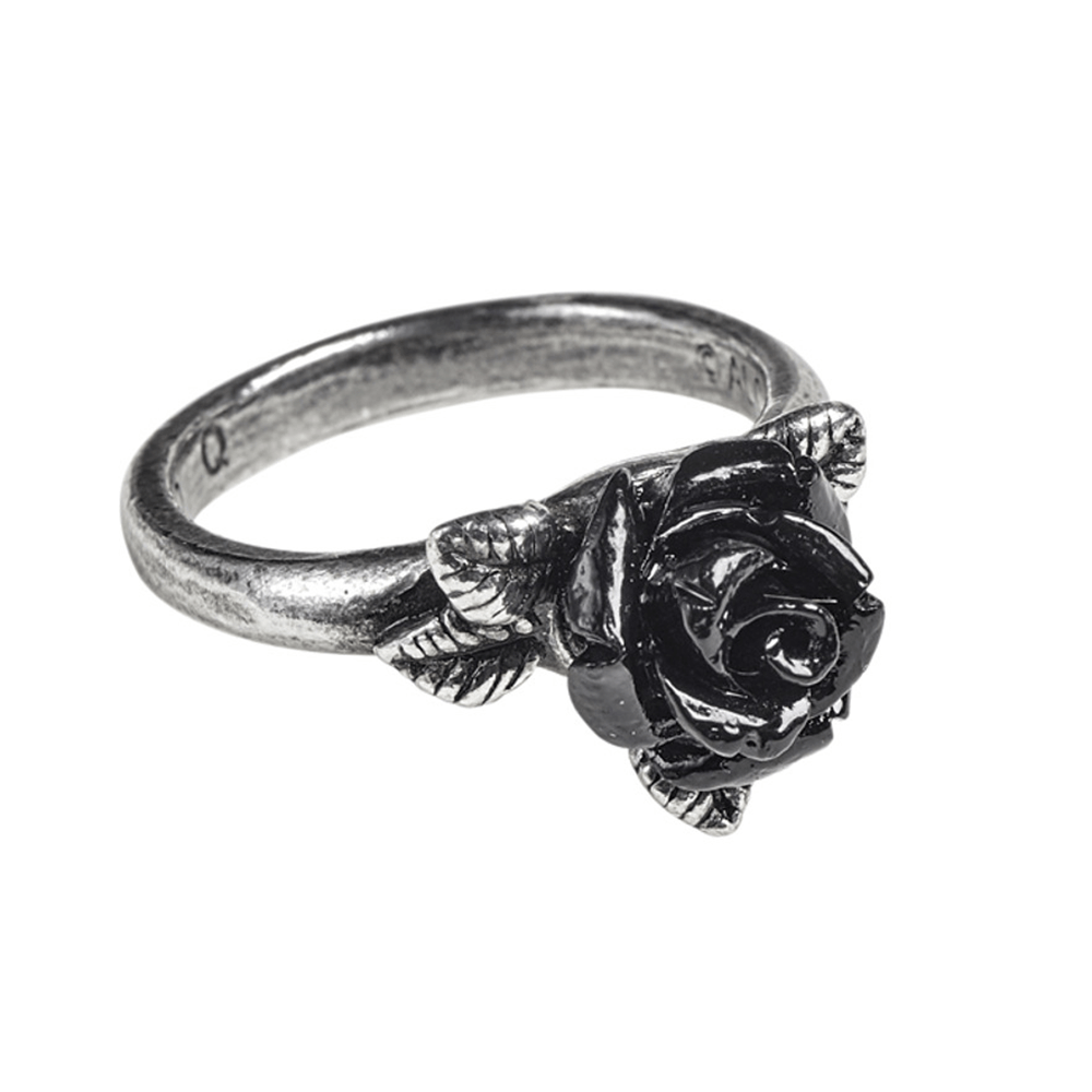 Black resin rose Gothic ring with pewter leaf accents, a mystical token of love for everyday elegance.