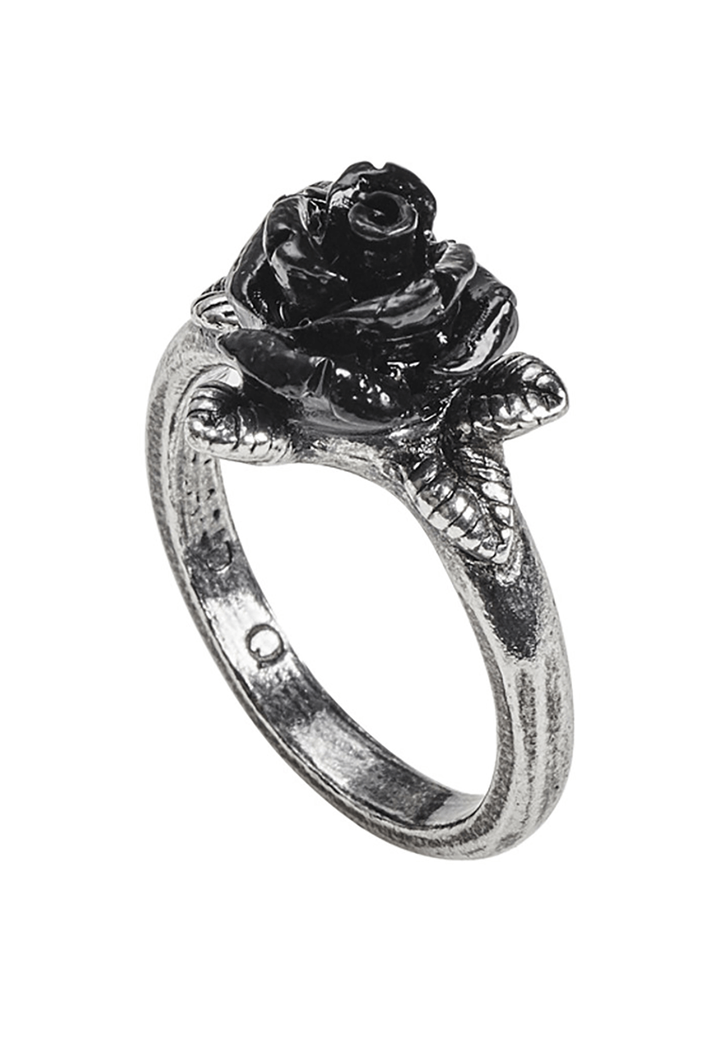 Black resin rose gothic ring with pewter leaves accent, perfect for adding elegant charm to any outfit.
