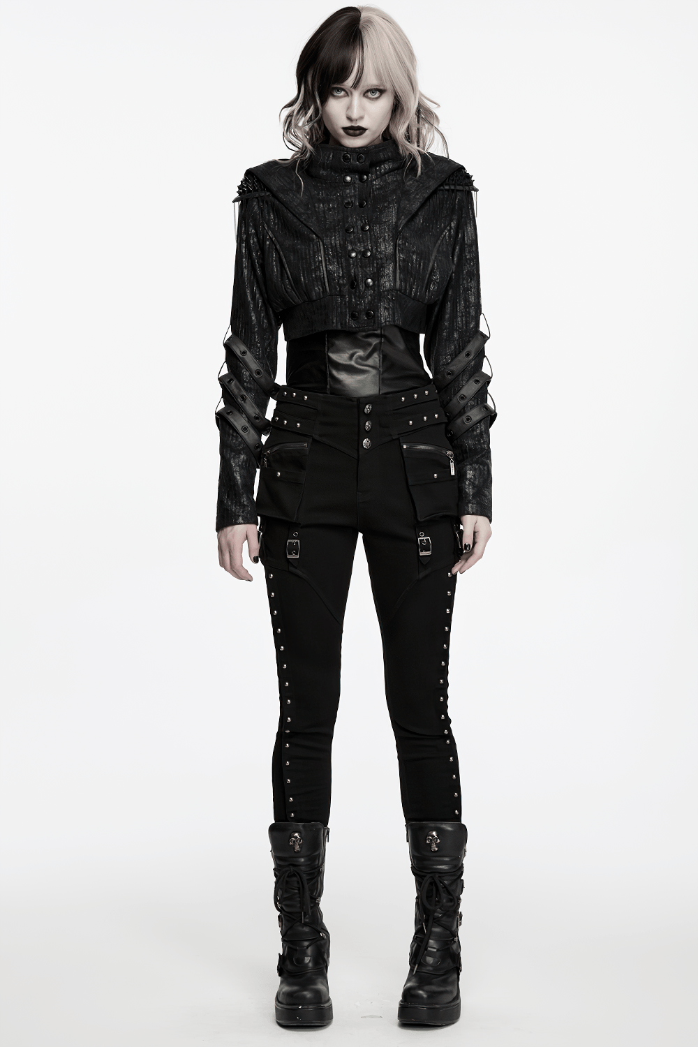Black Ribbed Punk Jacket with Hood and Leather Cuffs styled with studded details and high-waisted pants.
