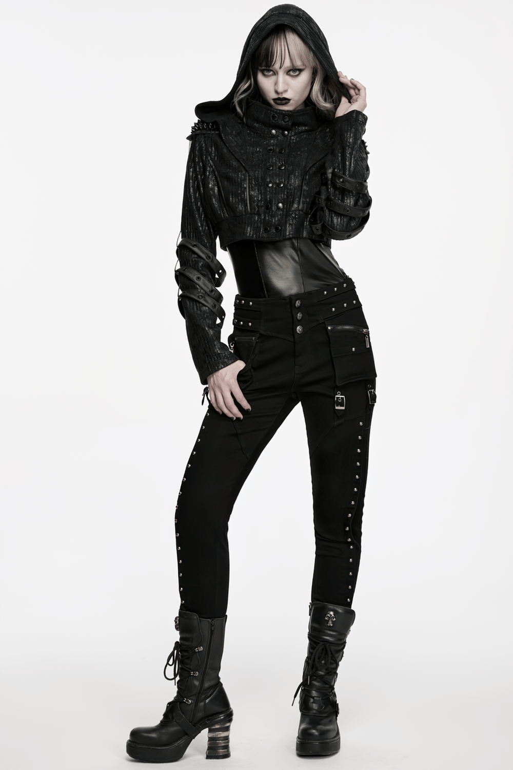 Black Ribbed Punk Jacket with Hood and Leather Cuffs showcased on a model with studded arm straps and edgy pants.