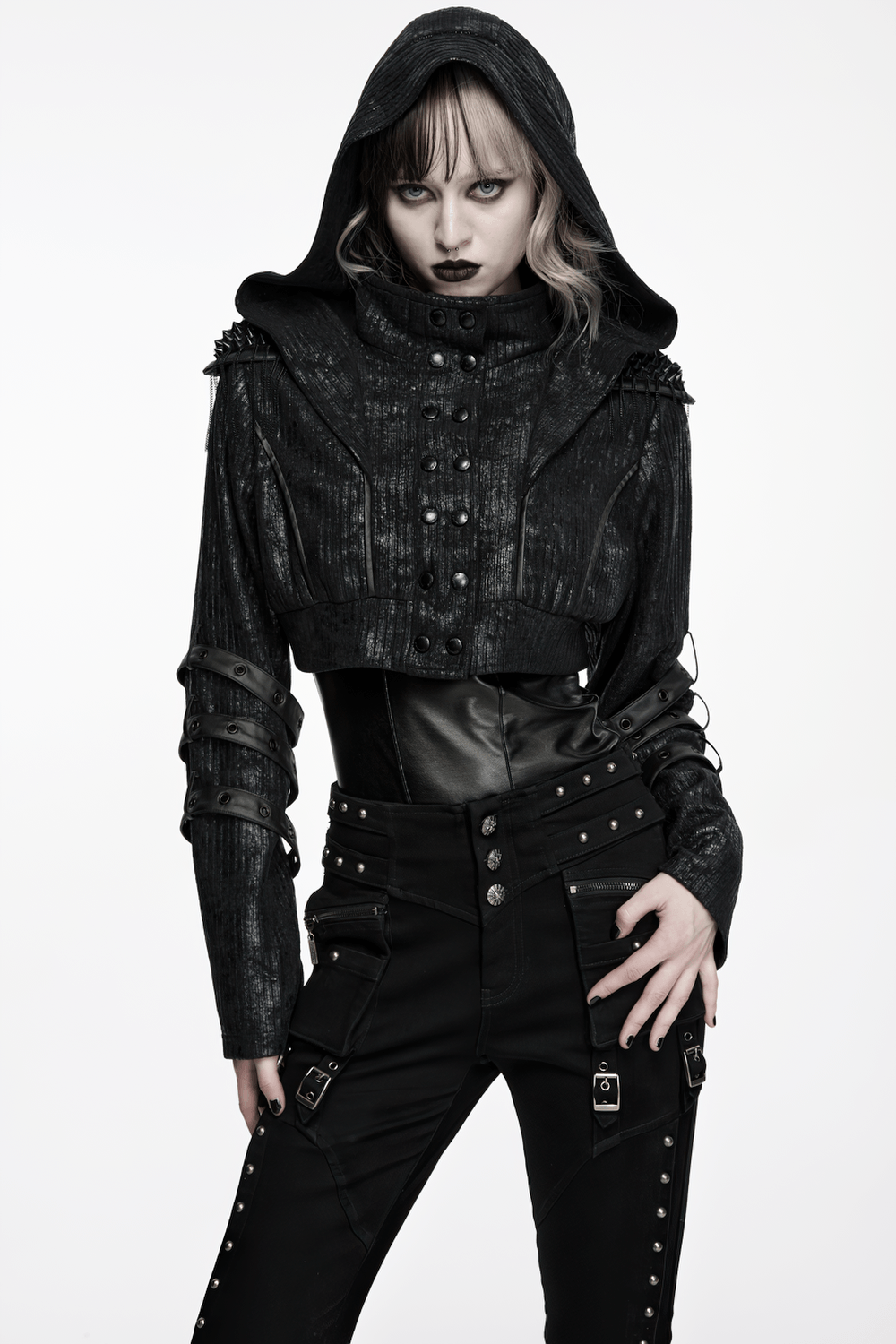 Black Ribbed Punk Jacket with Hood and Leather Cuffs modeled with punk style.