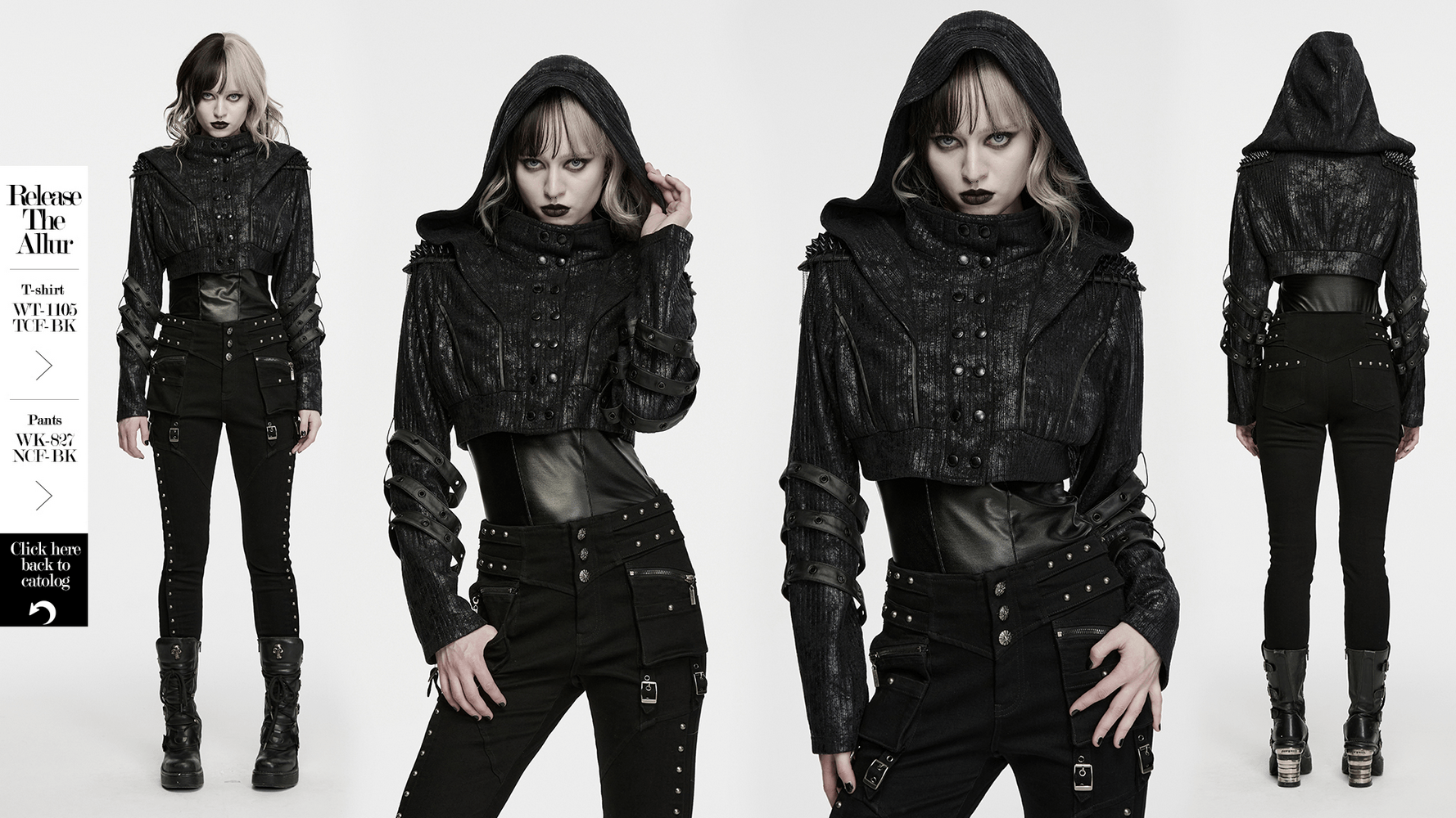 Black Ribbed Punk Jacket with Hood and Leather Cuffs worn with cargo pants in a stylish gothic pose.