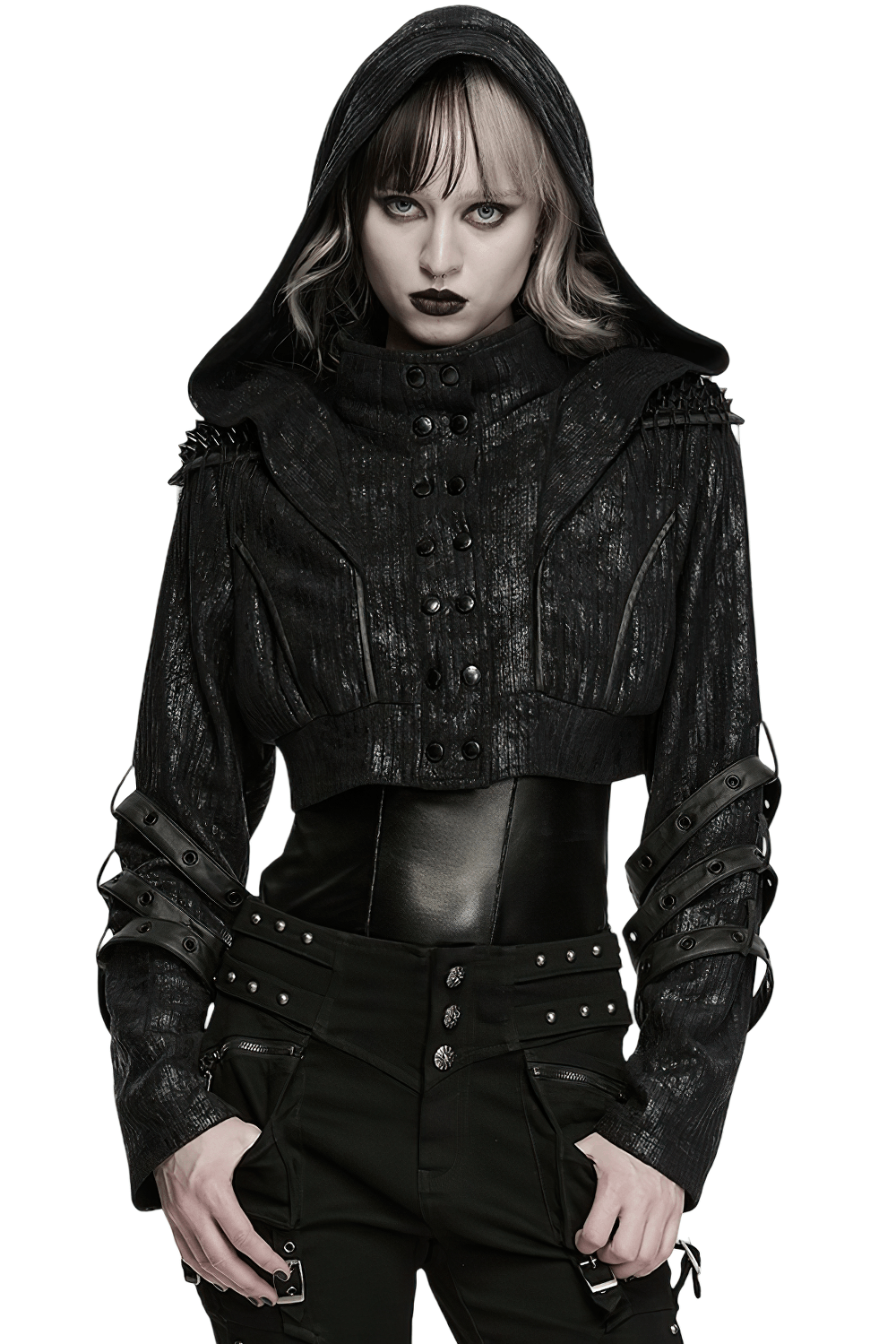 Black Ribbed Punk Jacket with Hood and Leather Cuffs, featuring studded arm straps and a bold hooded design.