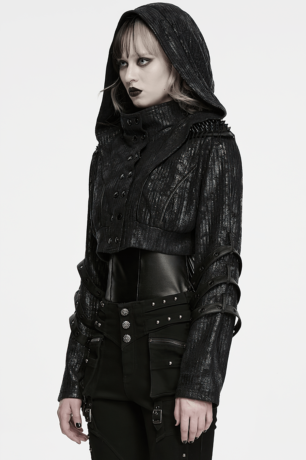 Black Ribbed Punk Jacket with Hood and Leather Cuffs worn by model, showcasing its edgy design and unique details.
