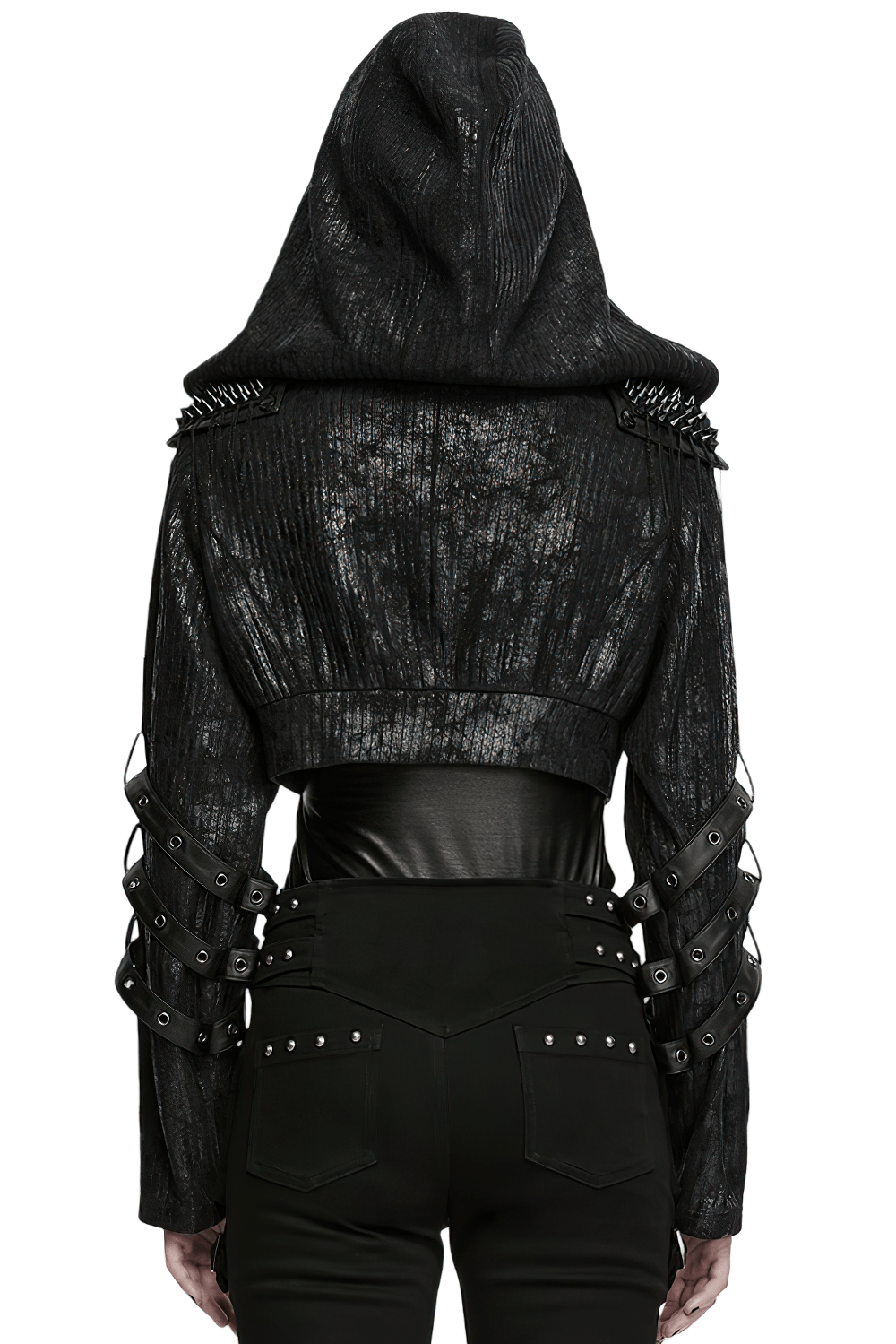 Black Ribbed Punk Jacket with Hood and Leather Cuffs featuring studded shoulder and arm details.