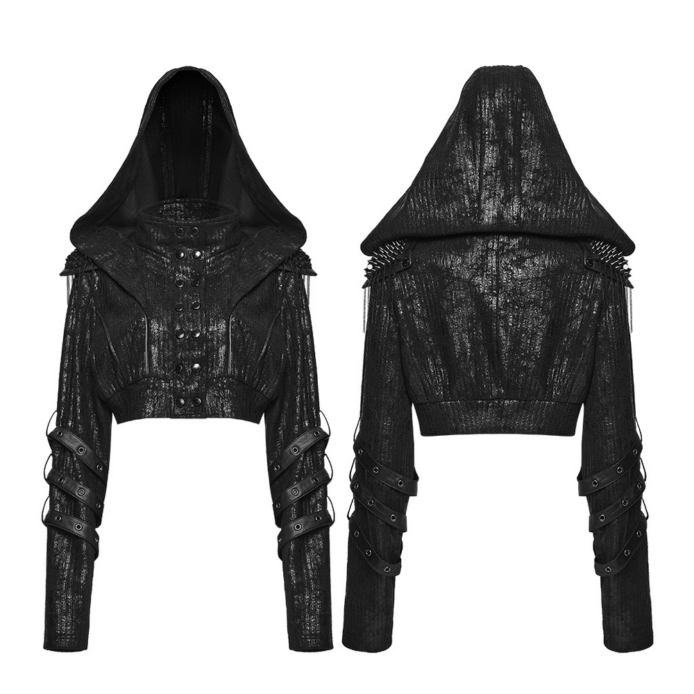 Black Ribbed Punk Jacket with Hood and Leather Cuffs featuring studded straps and a bold double-breasted design.