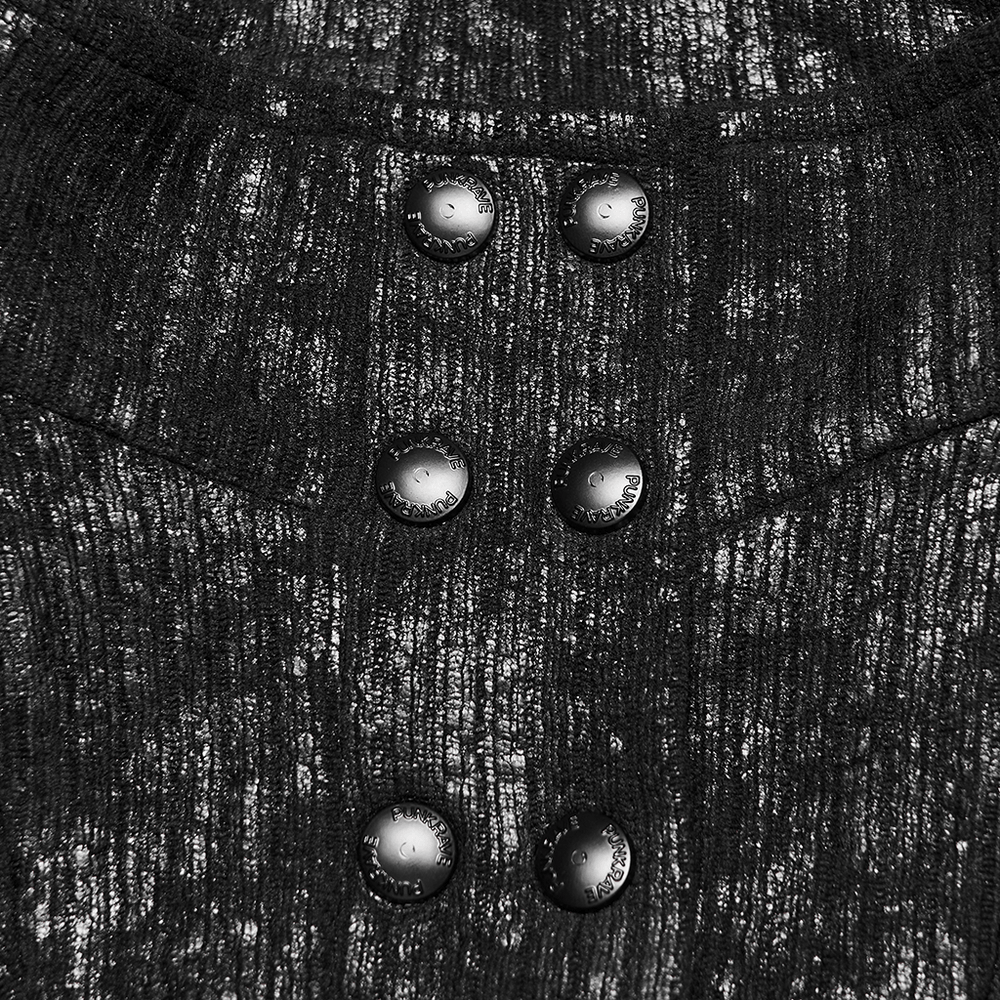 Close-up of buttons on the Black Ribbed Punk Jacket with Hood and Leather Cuffs, showcasing its textured fabric and design.
