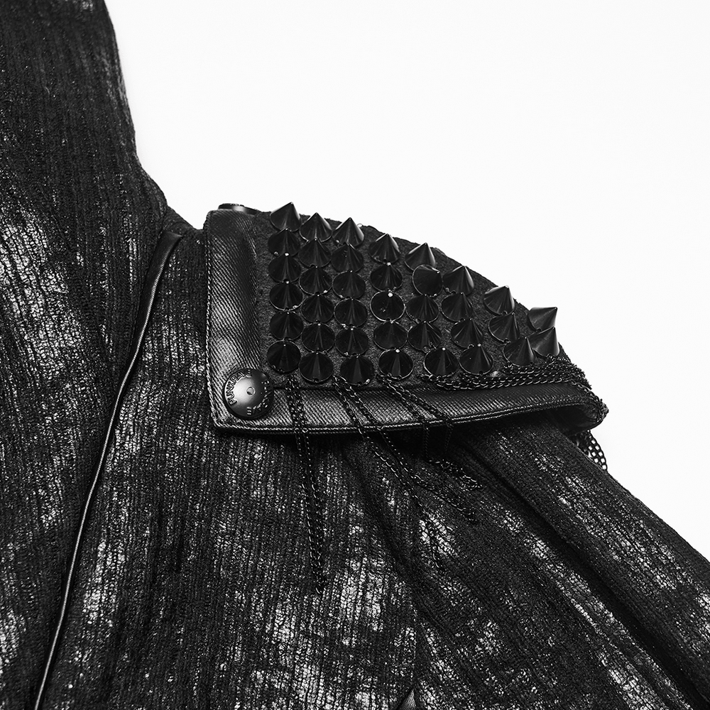 Black Ribbed Punk Jacket with Hood and Leather Cuffs featuring studded shoulder detail and textured fabric.