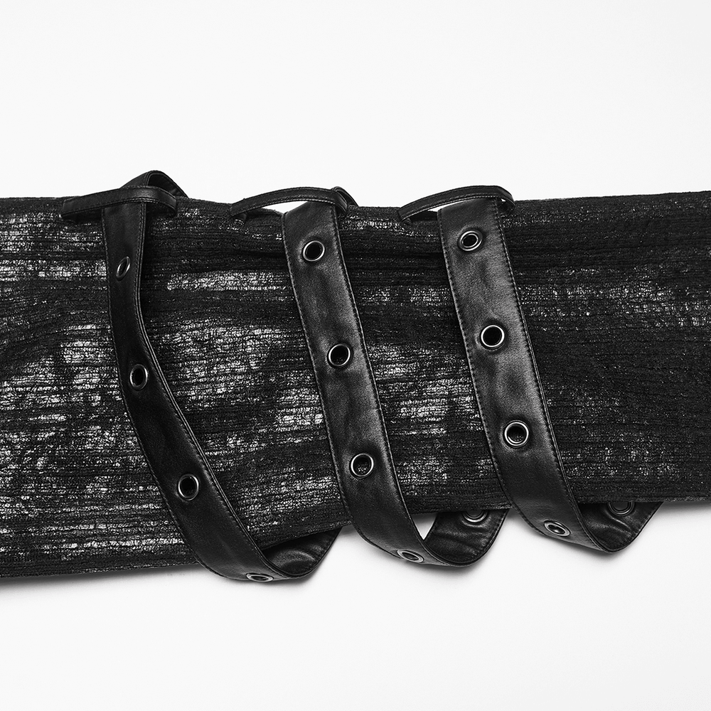 Close-up of black ribbed strap details on the Black Ribbed Punk Jacket with Hood and Leather Cuffs.
