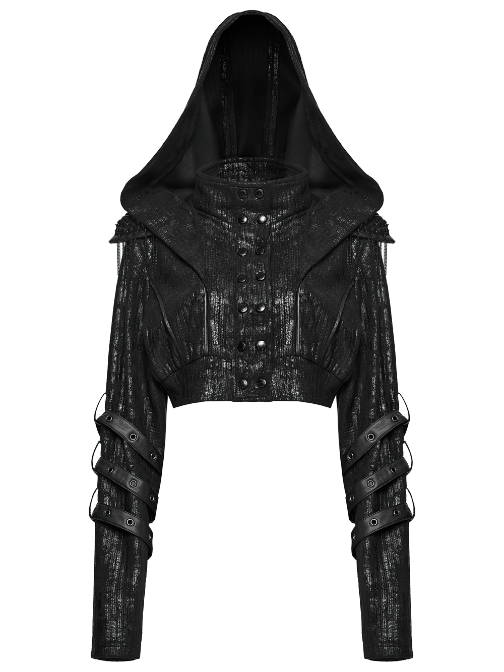 Black Ribbed Punk Jacket with Hood and Leather Cuffs featuring studded arm straps and bold cropped silhouette.