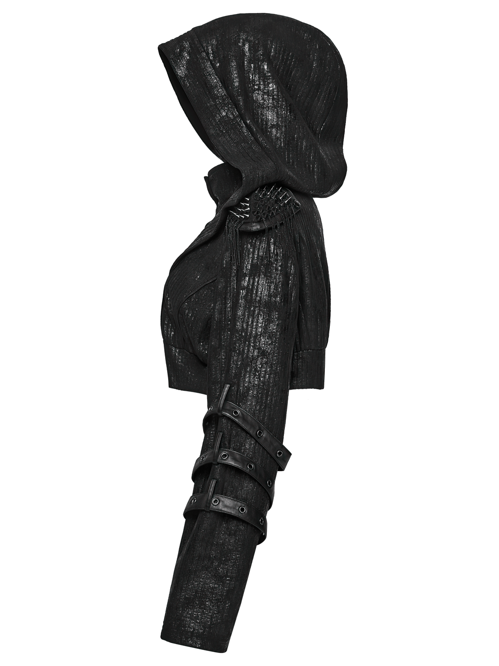 Black Ribbed Punk Jacket with Hood and Leather Cuffs showcasing a bold silhouette and studded arm straps.