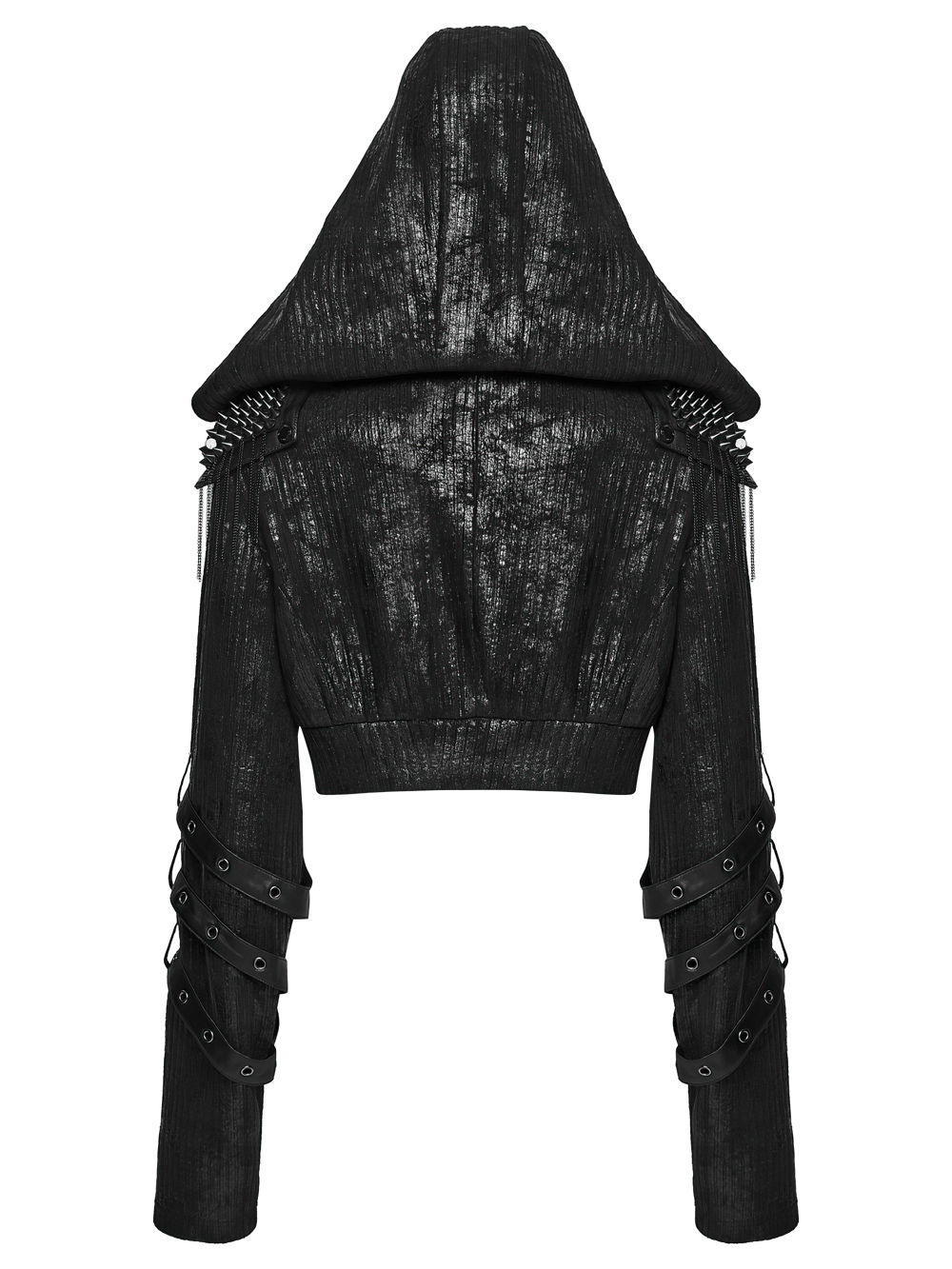 Black Ribbed Punk Jacket with Hood and Leather Cuffs, featuring a large hood and studded arm straps.