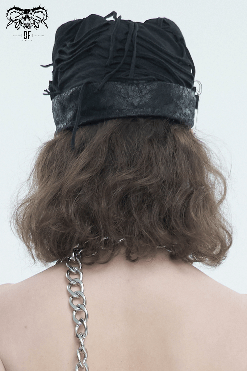 Back view of a black gothic punk cat hat with rips, chain detail, and cute ears, perfect for edgy style.