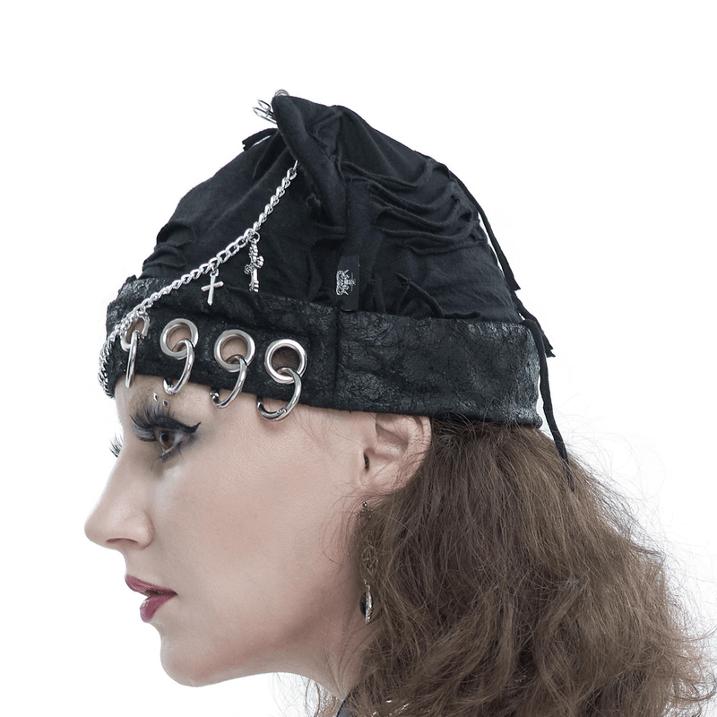 Black Ripped Punk Hats with Metal Pins and Chain / Gothic Cute Cat Ears Hats - HARD'N'HEAVY