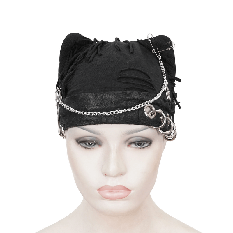 Black gothic punk cat hat with ripped details, metal pins, and chain for a fierce fashion statement.