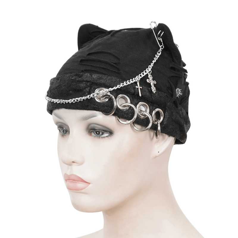Black ripped punk hat with cat ears, chain detail, and metal pins for gothic fashion lovers.