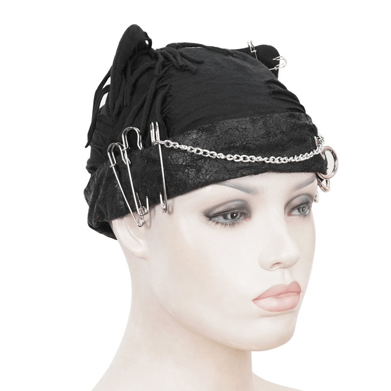 Black Ripped Punk Hats with Metal Pins and Chain / Gothic Cute Cat Ears Hats - HARD'N'HEAVY