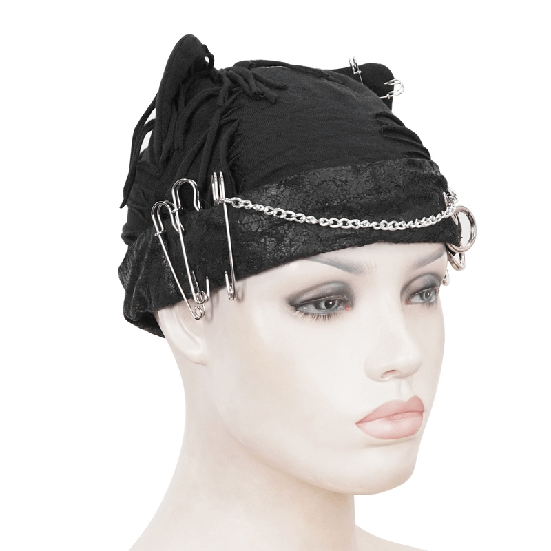 Black ripped punk cat hat with metal pins and chain, showcasing gothic style and cute kitty ears.
