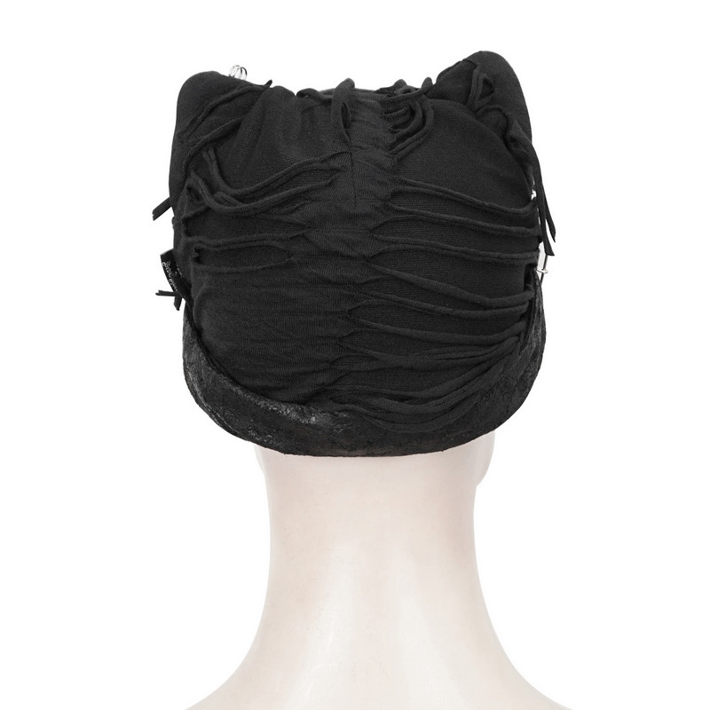 Back view of black ripped punk cat ear hat, featuring distressed fabric and chic chain details.