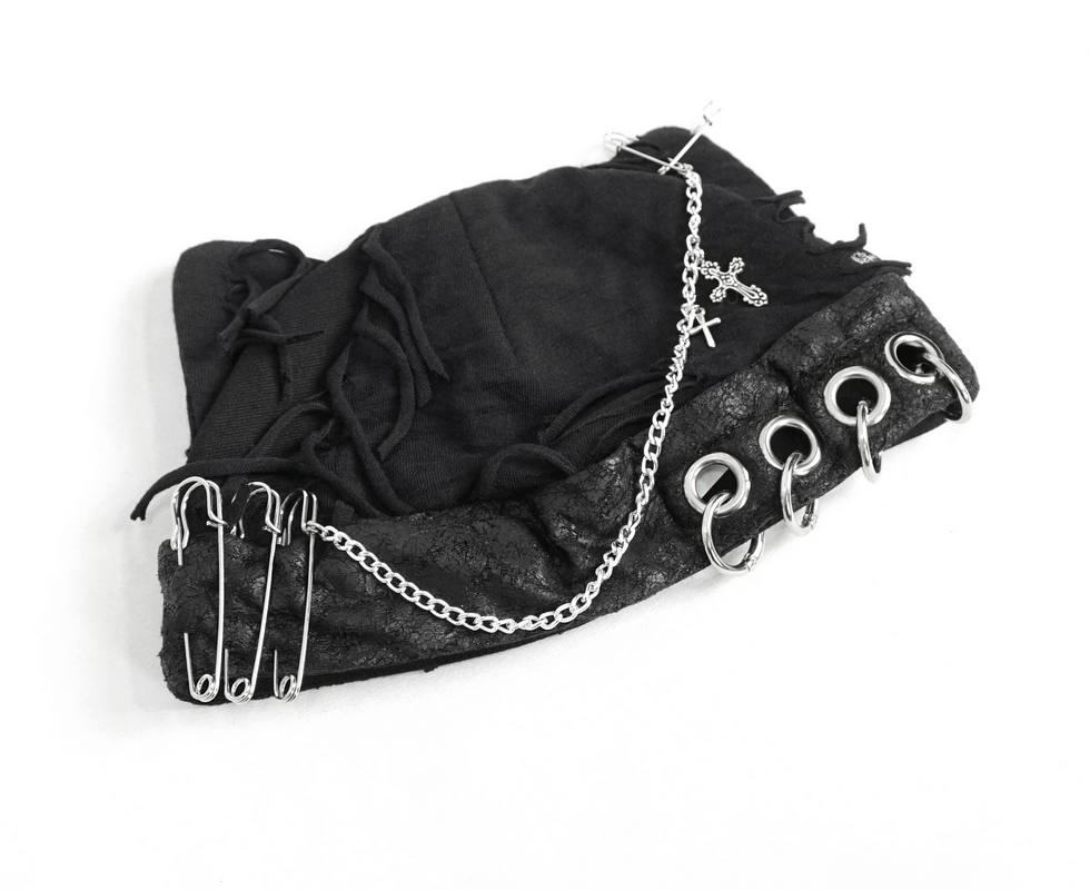 Black ripped punk hat with metal pins, chains, and cute cat ears for a gothic vibe.