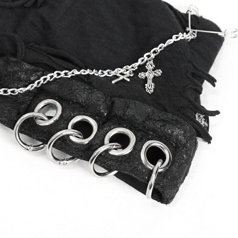 Close-up of black punk hat features with metal rings, lace, and chain detailing for a gothic style.