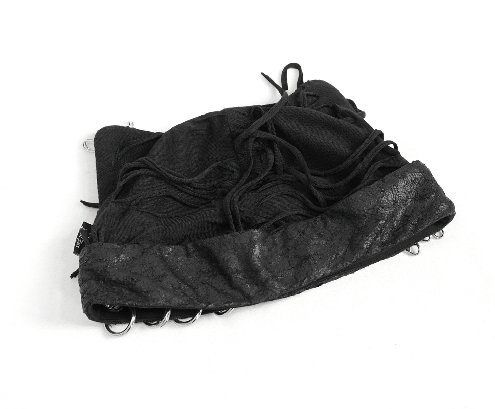 Black gothic punk cat hat with rips, chains, and metal pins for edgy style.