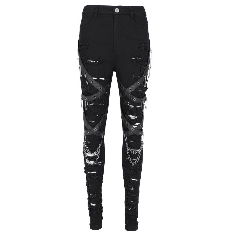 Black ripped skinny jeans with chains and buckles, featuring edgy distressed details and hardware for a gothic look.