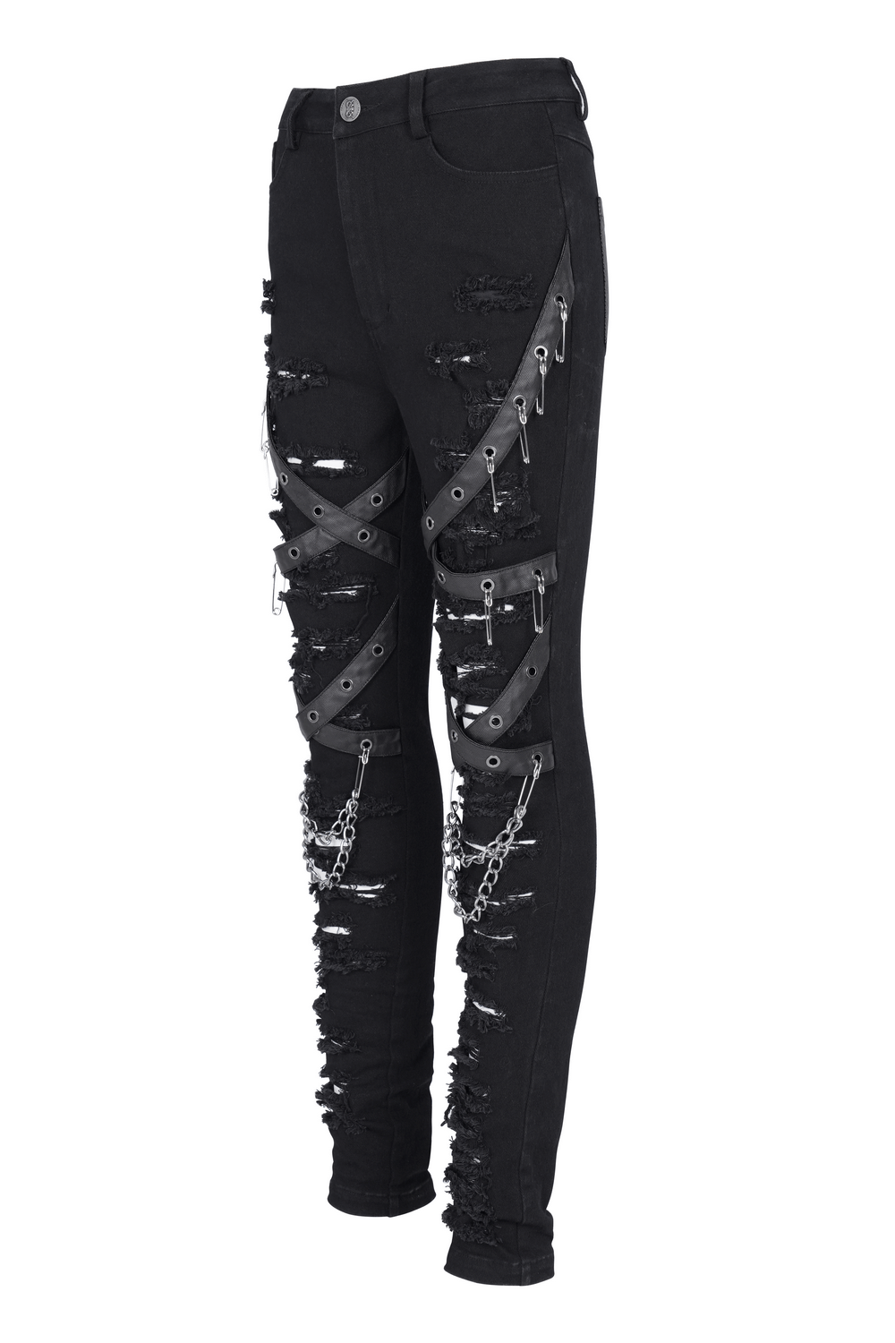 Black ripped skinny jeans with chains and buckles, showcasing edgy gothic style and distressed details. Perfect for making a statement.