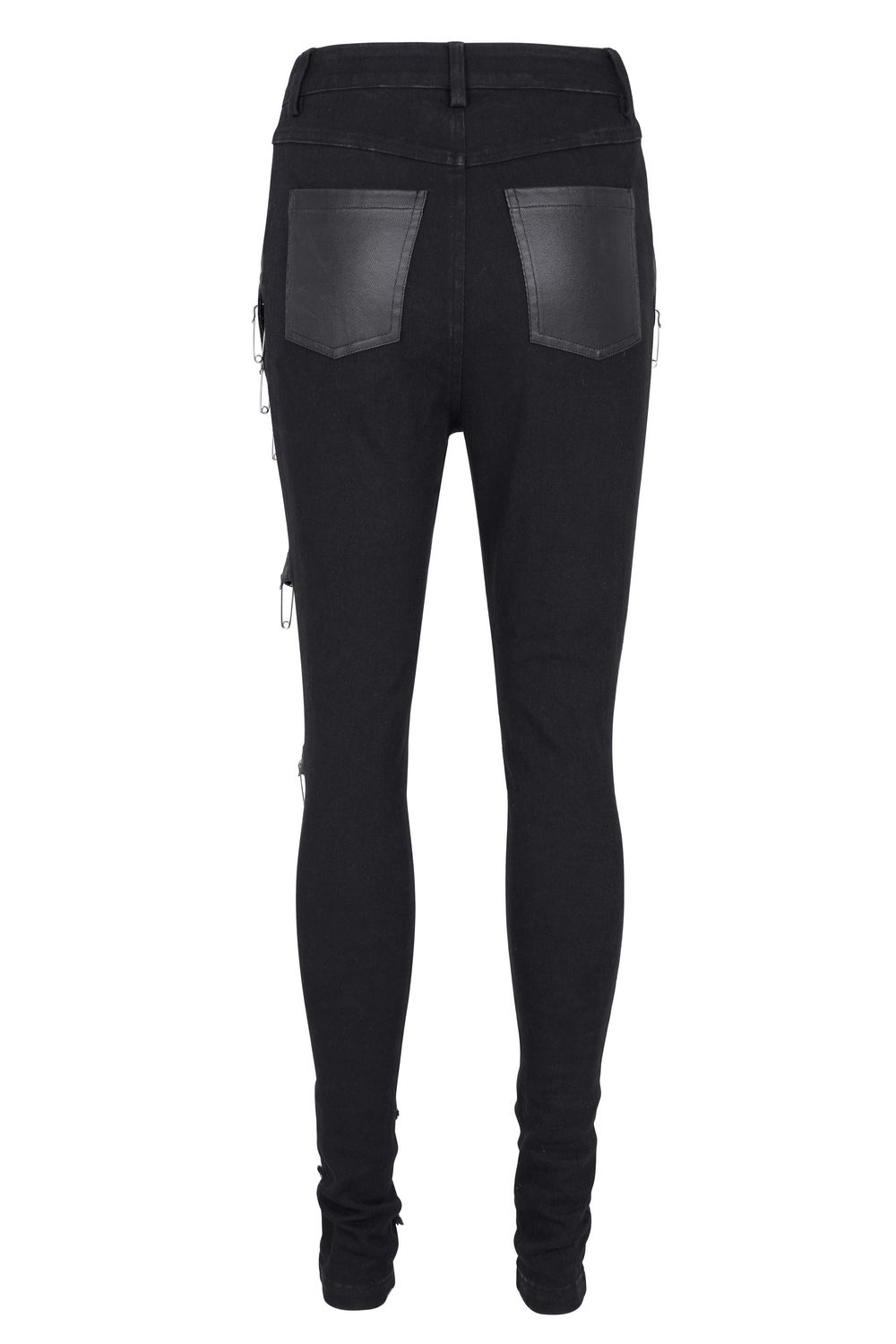 Back view of black ripped skinny jeans featuring leatherette pockets and edgy hardware details for a bold gothic look.