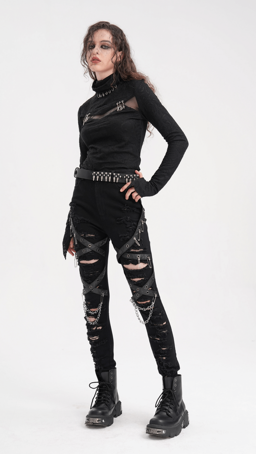 Black Ripped Skinny Jeans with Chains and Buckles - Main Image