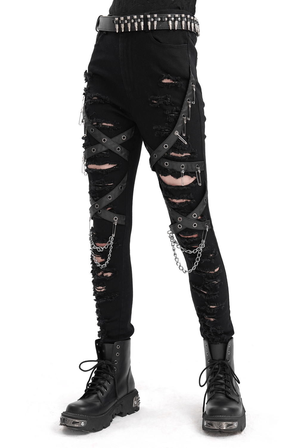 Black ripped skinny jeans with chains and buckles, featuring distressed details for an edgy gothic look.