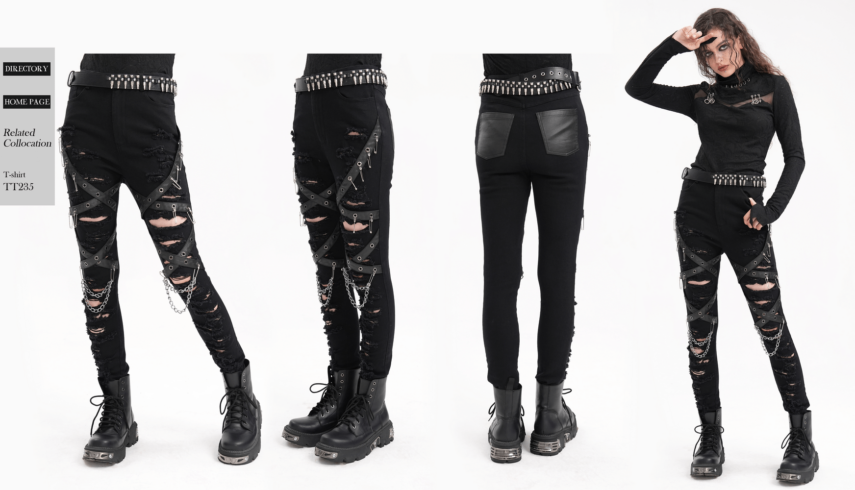 Black ripped skinny jeans with chains and buckles, displaying edgy gothic style and distressed details. Perfect for alternative fashion.