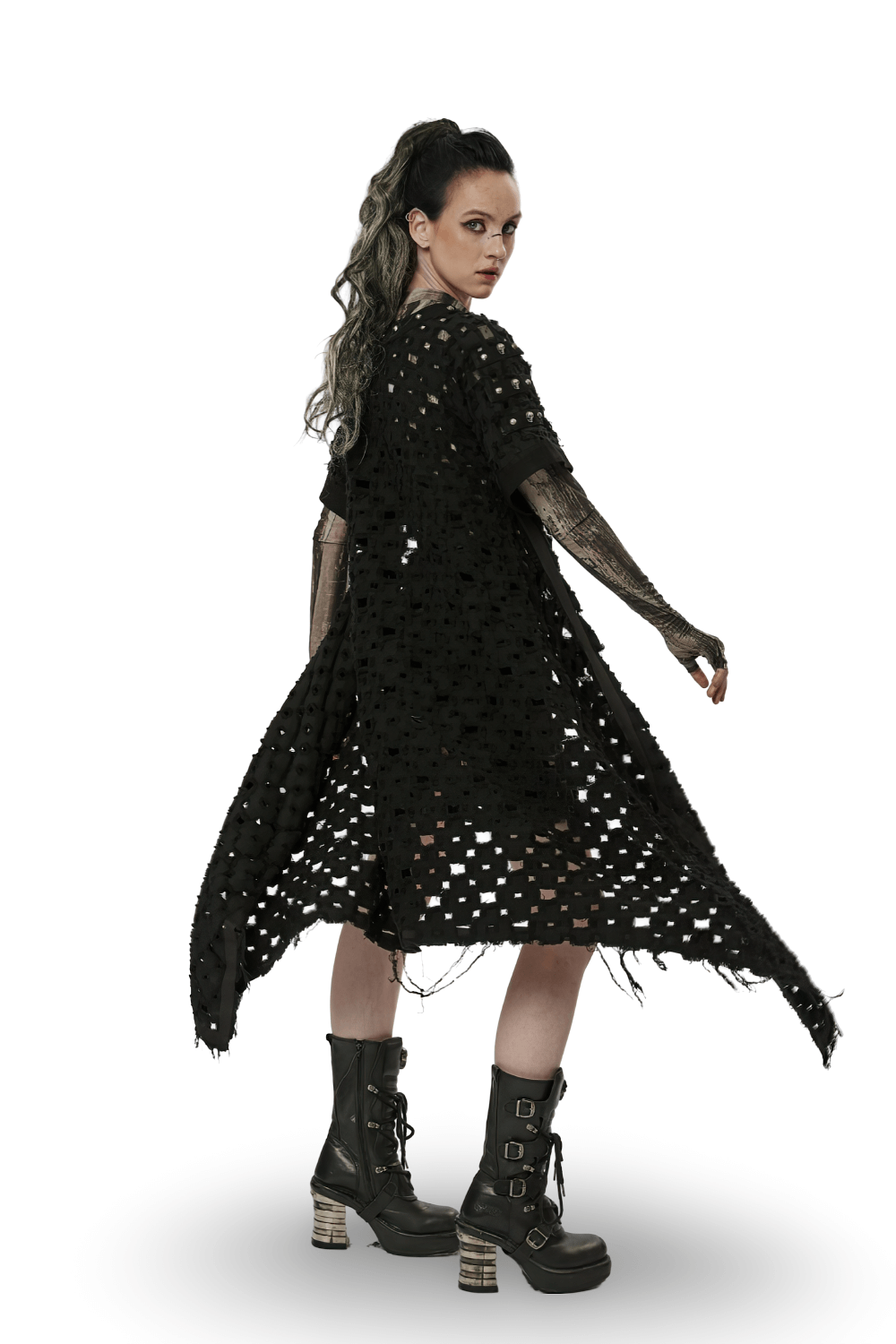 Model wearing a black ripped twill long cardigan-cape with skull rivets, showcasing an edgy post-apocalyptic style.