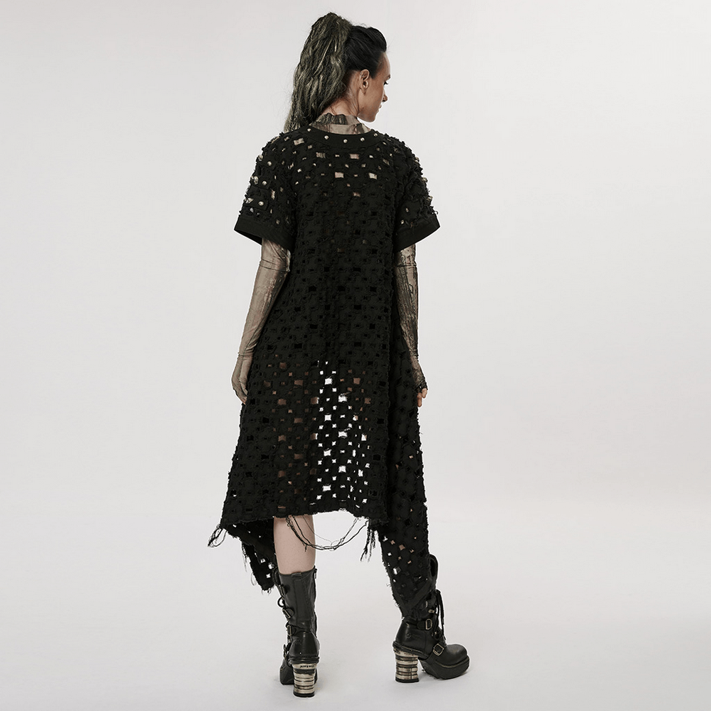 Back view of a black ripped twill long cardigan-cape with hollow-out design and skull rivets, perfect for a post-apocalyptic look.