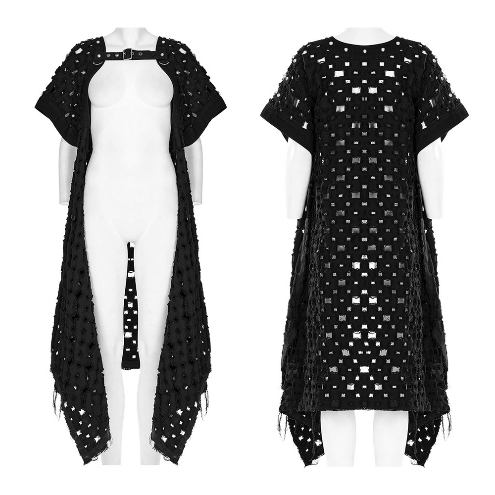 Black ripped twill long cardigan-cape with hollow-out design and skull rivets, perfect for a post-apocalyptic style.
