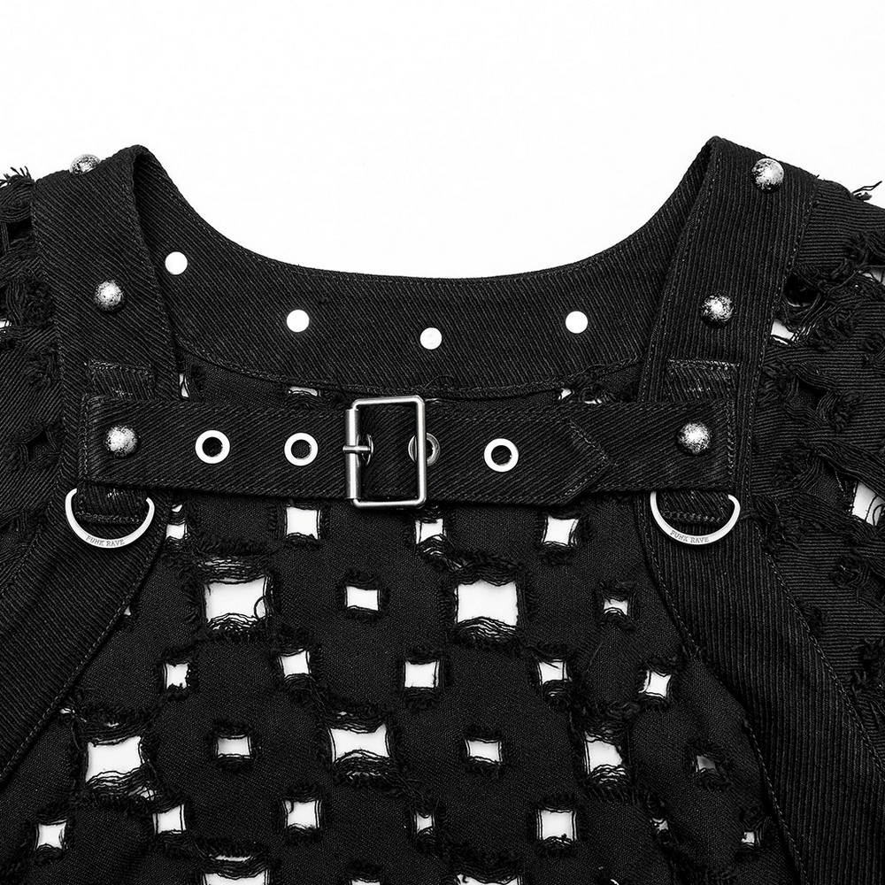 Close-up of the edgy black ripped twill fabric with skull rivets and adjustable buckle on the post-apocalyptic cardigan.