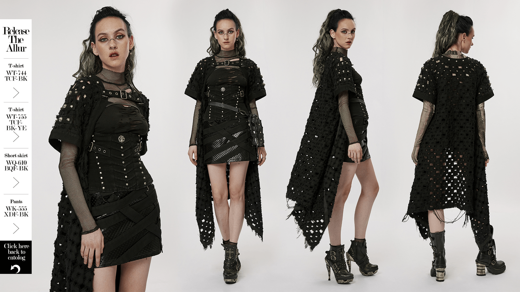 Black ripped twill long cardigan-cape with skull rivets showcasing a dramatic hollow-out design and asymmetrical hem.